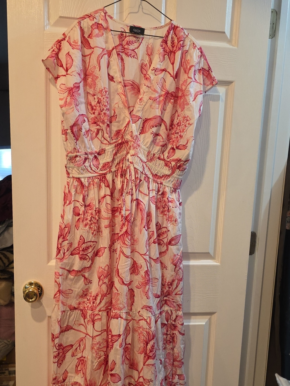 NEW CeCe White Maxi Dress with Pink Floral Print